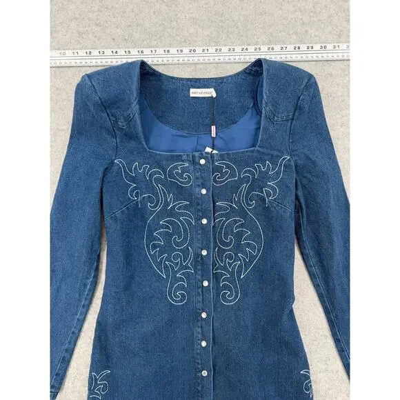 NWT Avec Les Filles Western Portrait-Neck Snap-Front Embroidered Denim Dress - Picture 5 of 11